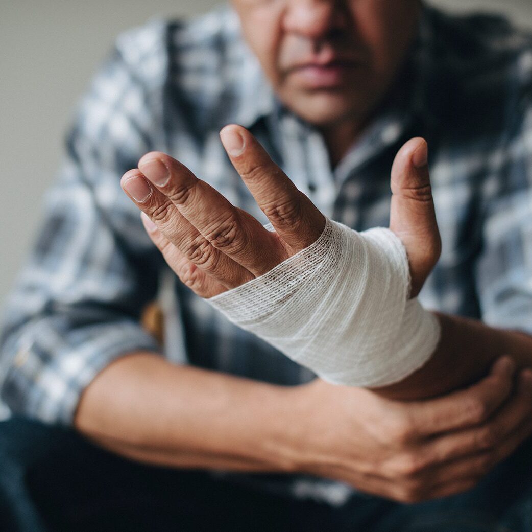 Man with a gauze bandage wrapped around his hand